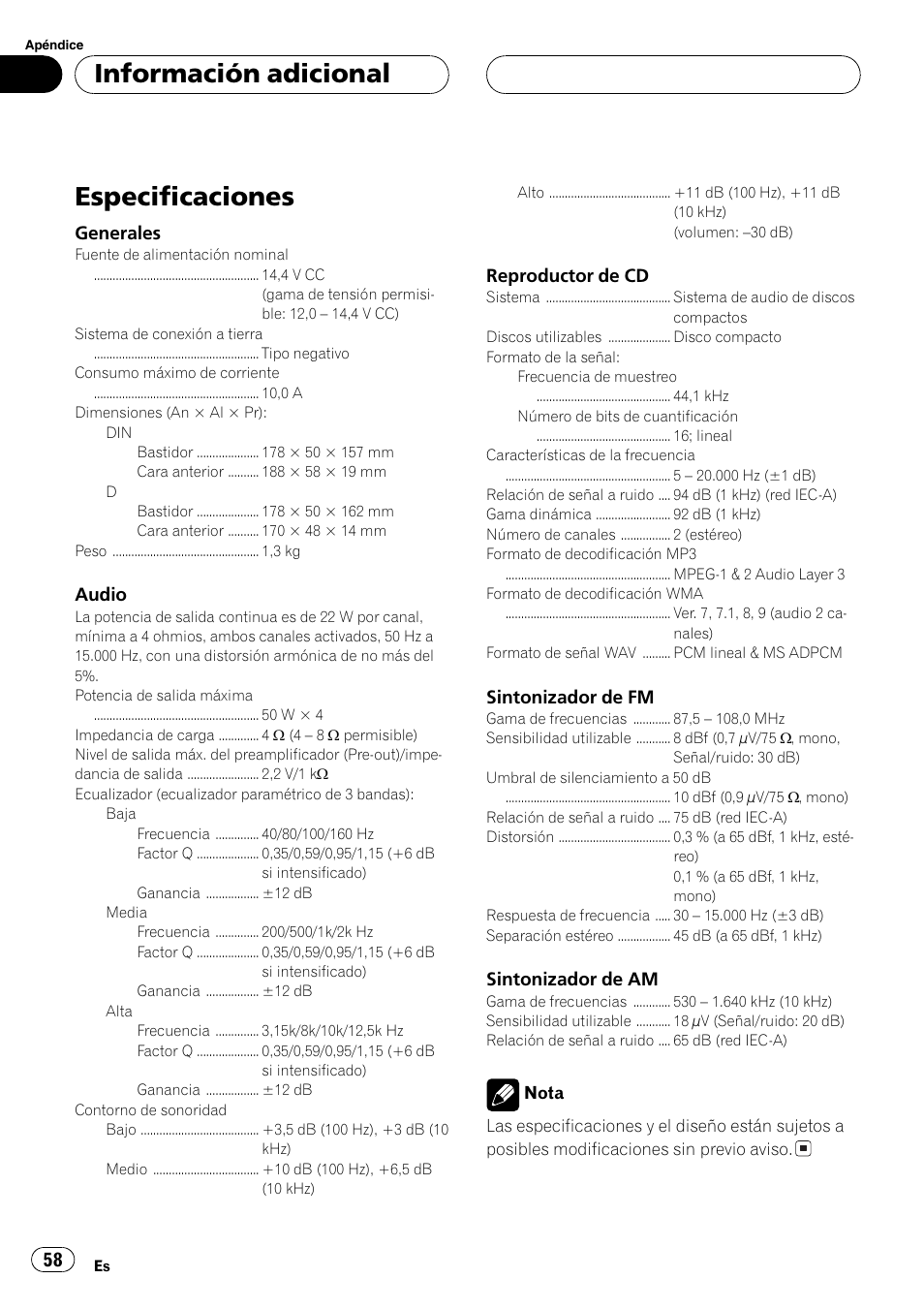 Especificaciones 58, Especificaciones, Información adicional | Pioneer DEH-3770MP User Manual | Page 58 / 87
