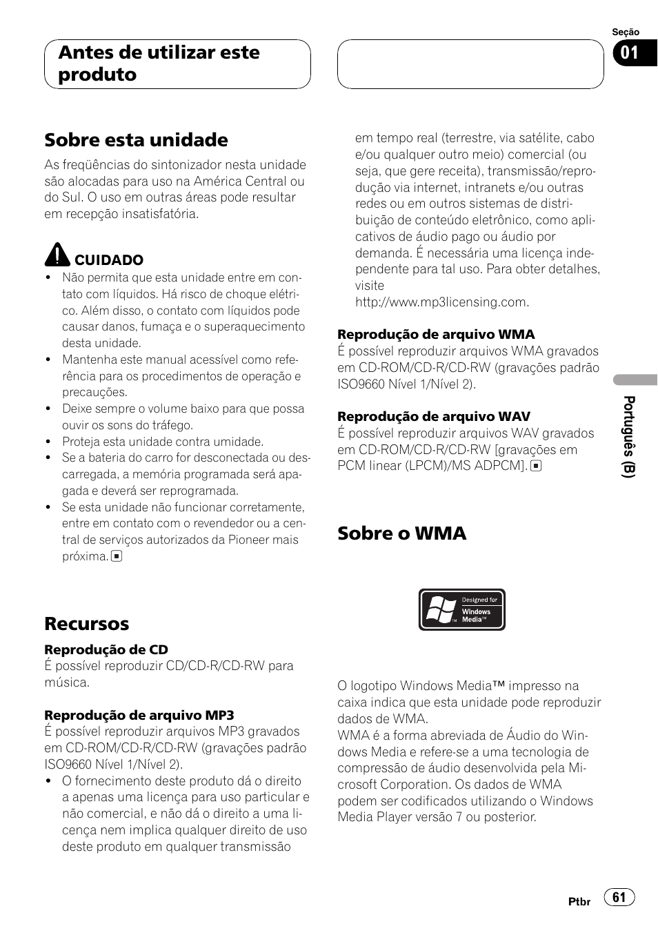 Recursos 61, Sobre o wma 61, Sobre esta unidade | Recursos, Sobre o wma, Antes de utilizar este produto | Pioneer DEH-3770MP User Manual | Page 61 / 87