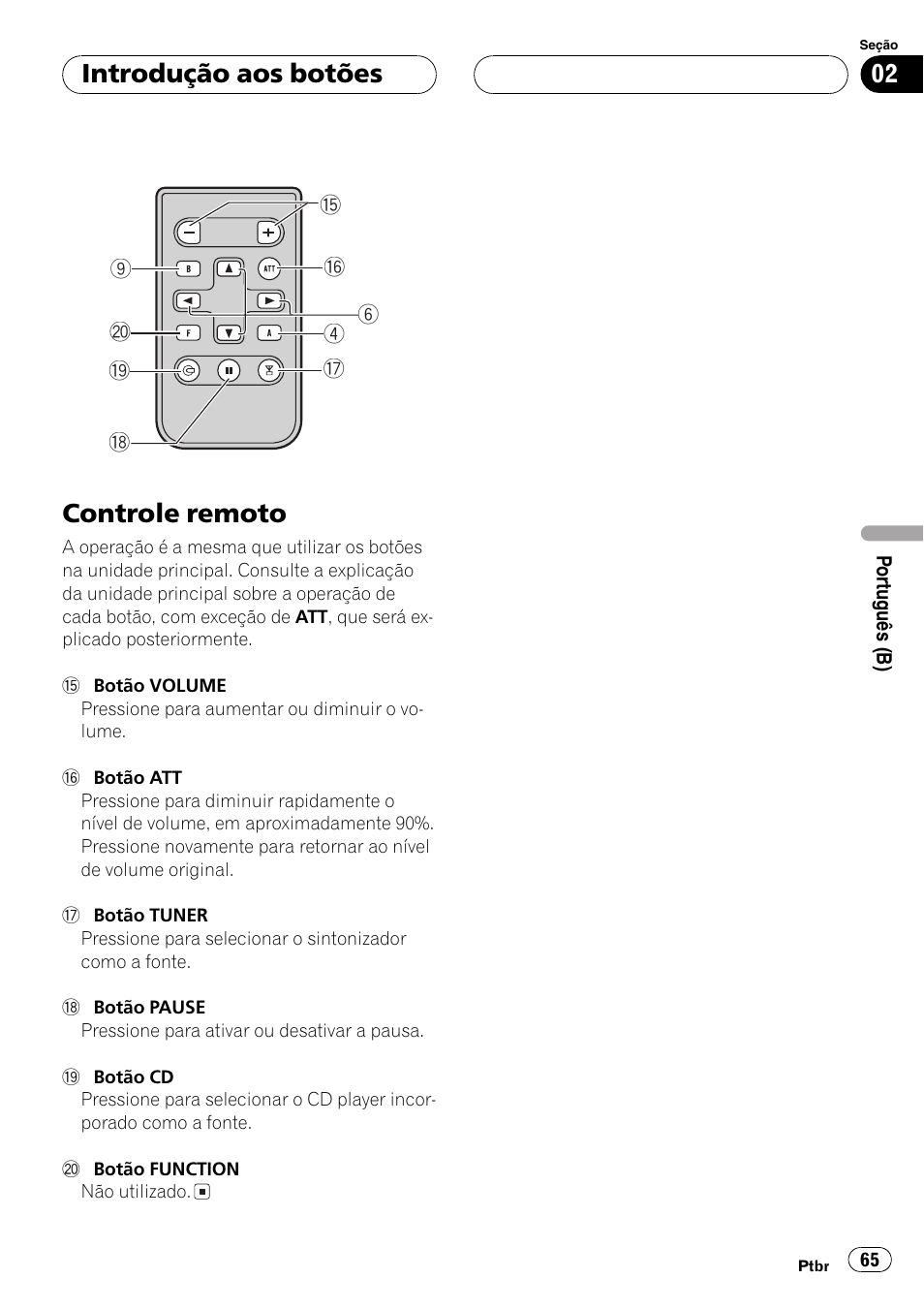 Controle remoto 65, Controle remoto, Introdução aos botões | Pioneer DEH-3770MP User Manual | Page 65 / 87