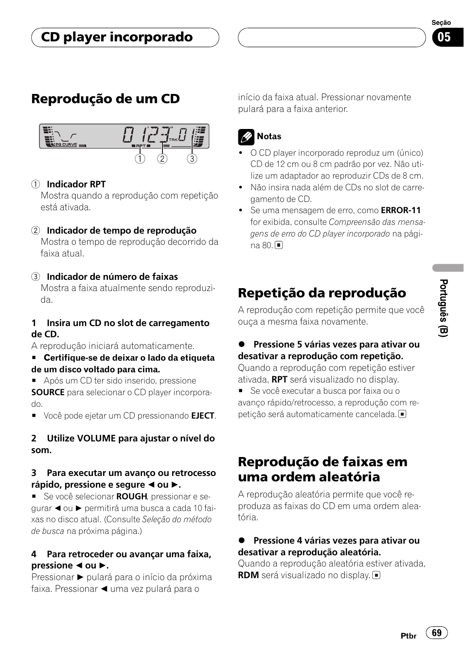 Cd player incorporado, Reprodução de um cd 69, Repetição da reprodução 69 | Reprodução de faixas em uma ordem, Aleatória 69, Reprodução de umcd, Repetição da reprodução, Reprodução de faixas em uma ordem aleatória | Pioneer DEH-3770MP User Manual | Page 69 / 87