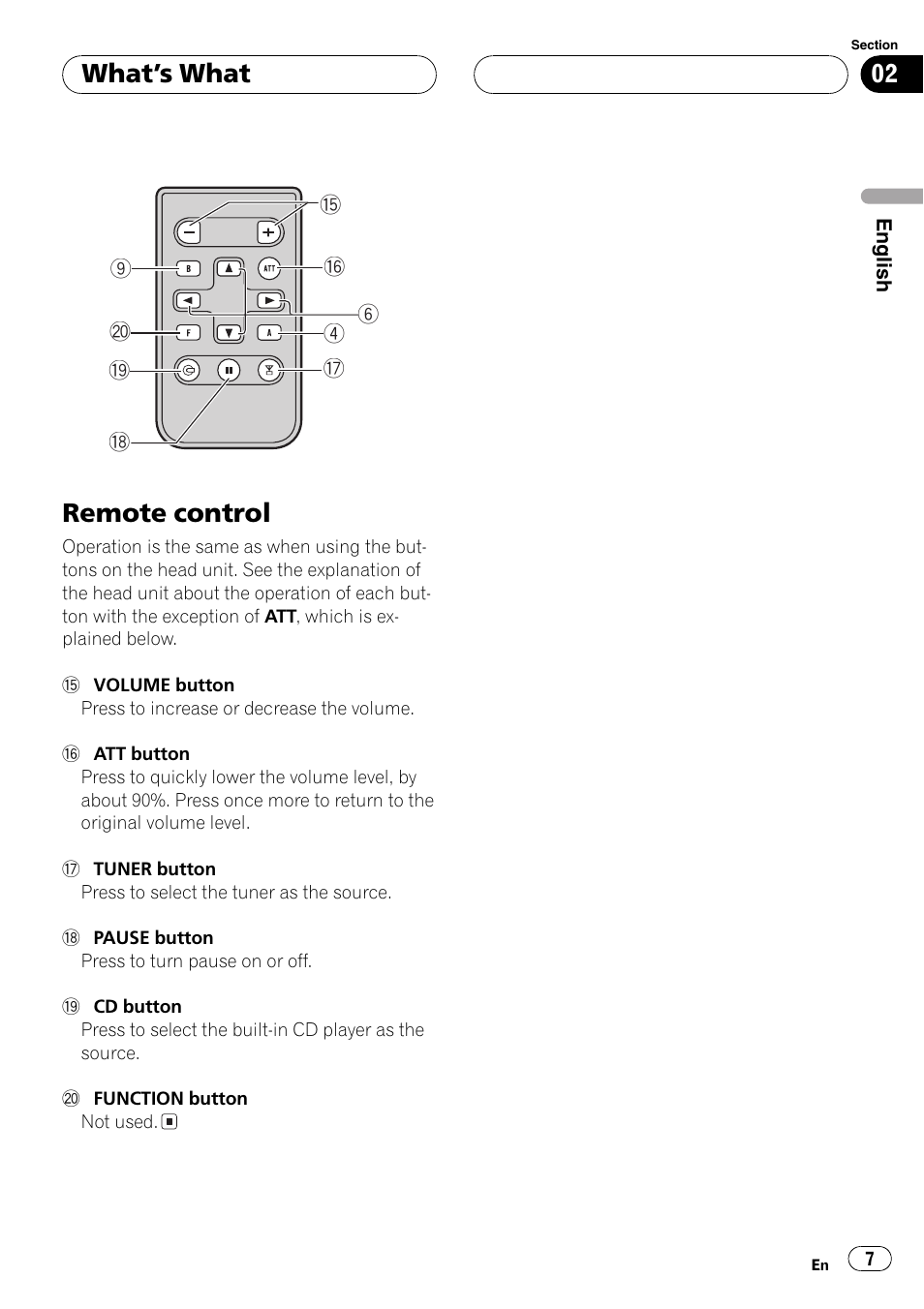 Remote control 7, Remote control, Whats what | Pioneer DEH-3770MP User Manual | Page 7 / 87