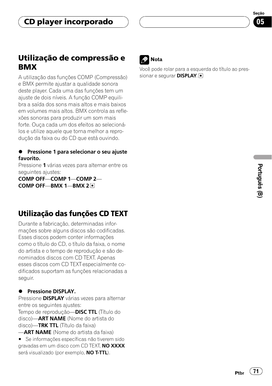 Utilização de compressão e bmx 71, Utilização das funções cd text 71, Utilização de compressão e bmx | Utilização das funções cd text, Cd player incorporado | Pioneer DEH-3770MP User Manual | Page 71 / 87