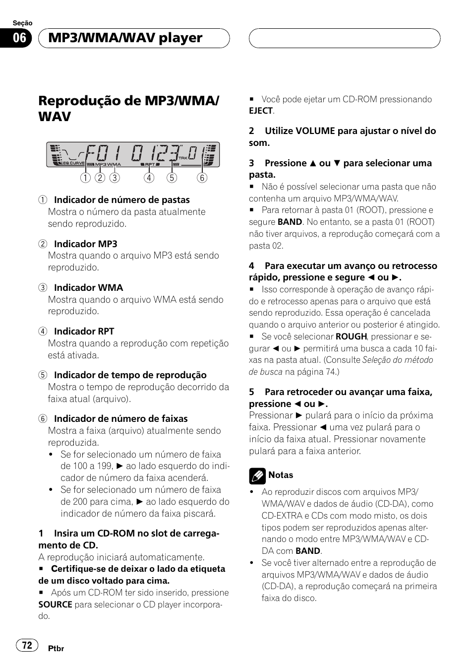 Mp3/wma/wav player, Reprodução de mp3/wma/wav 72, Reprodução de mp3/wma/ wav | Pioneer DEH-3770MP User Manual | Page 72 / 87