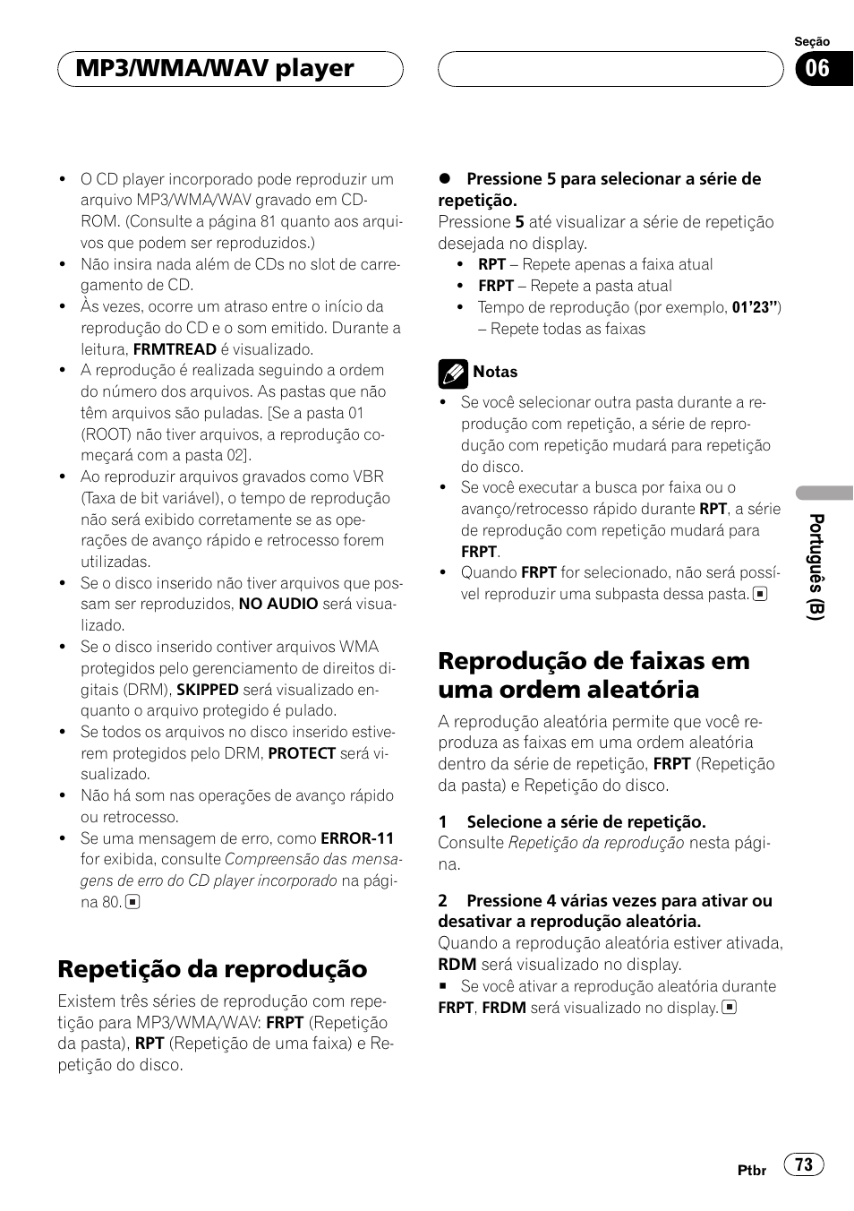 Repetição da reprodução 73, Reprodução de faixas em uma ordem, Aleatória 73 | Repetição da reprodução, Reprodução de faixas em uma ordem aleatória, Mp3/wma/wav player | Pioneer DEH-3770MP User Manual | Page 73 / 87