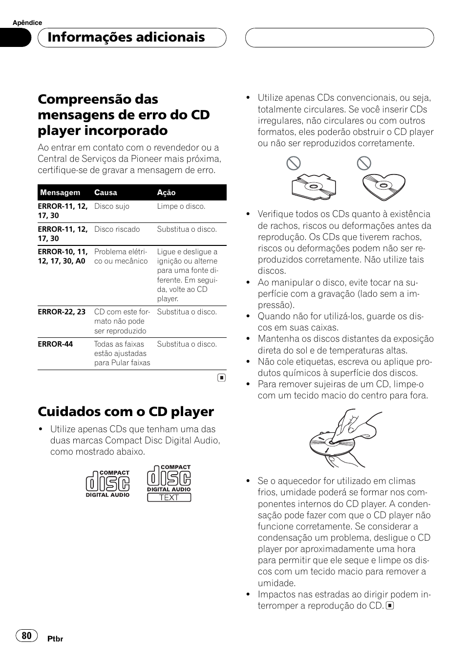 Informações adicionais, Compreensão das mensagens de erro do cd, Player incorporado 80 | Cuidados com o cd player 80, Cuidados como cd player | Pioneer DEH-3770MP User Manual | Page 80 / 87