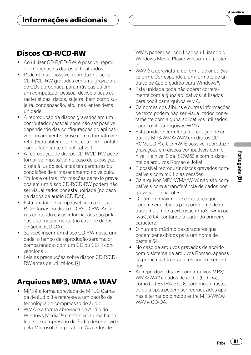 Discos cd-r/cd-rw 81, Arquivos mp3, wma e wav 81, Discos cd-r/cd-rw | Arquivos mp3, wma e wav, Informações adicionais | Pioneer DEH-3770MP User Manual | Page 81 / 87