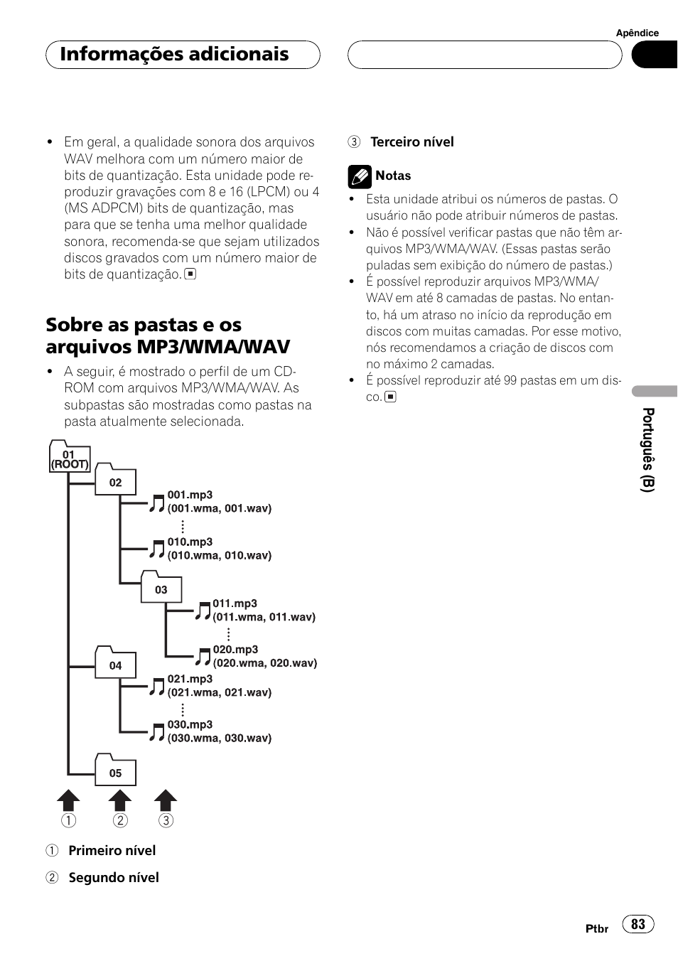 Sobre as pastas e os arquivos mp3/wma, Wav 83, Sobre as pastas e os arquivos mp3/wma/wav | Informações adicionais | Pioneer DEH-3770MP User Manual | Page 83 / 87
