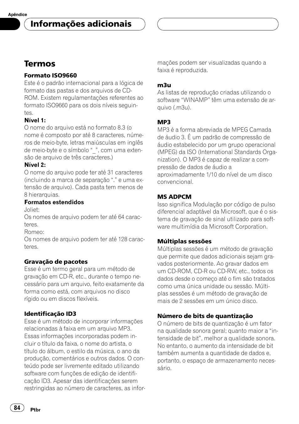 Termos 84, Termos, Informações adicionais | Pioneer DEH-3770MP User Manual | Page 84 / 87