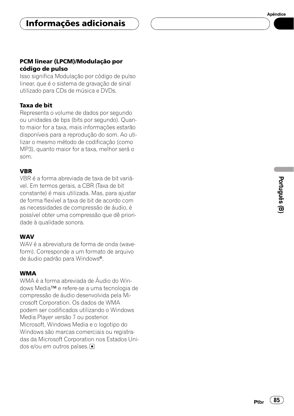 Informações adicionais | Pioneer DEH-3770MP User Manual | Page 85 / 87