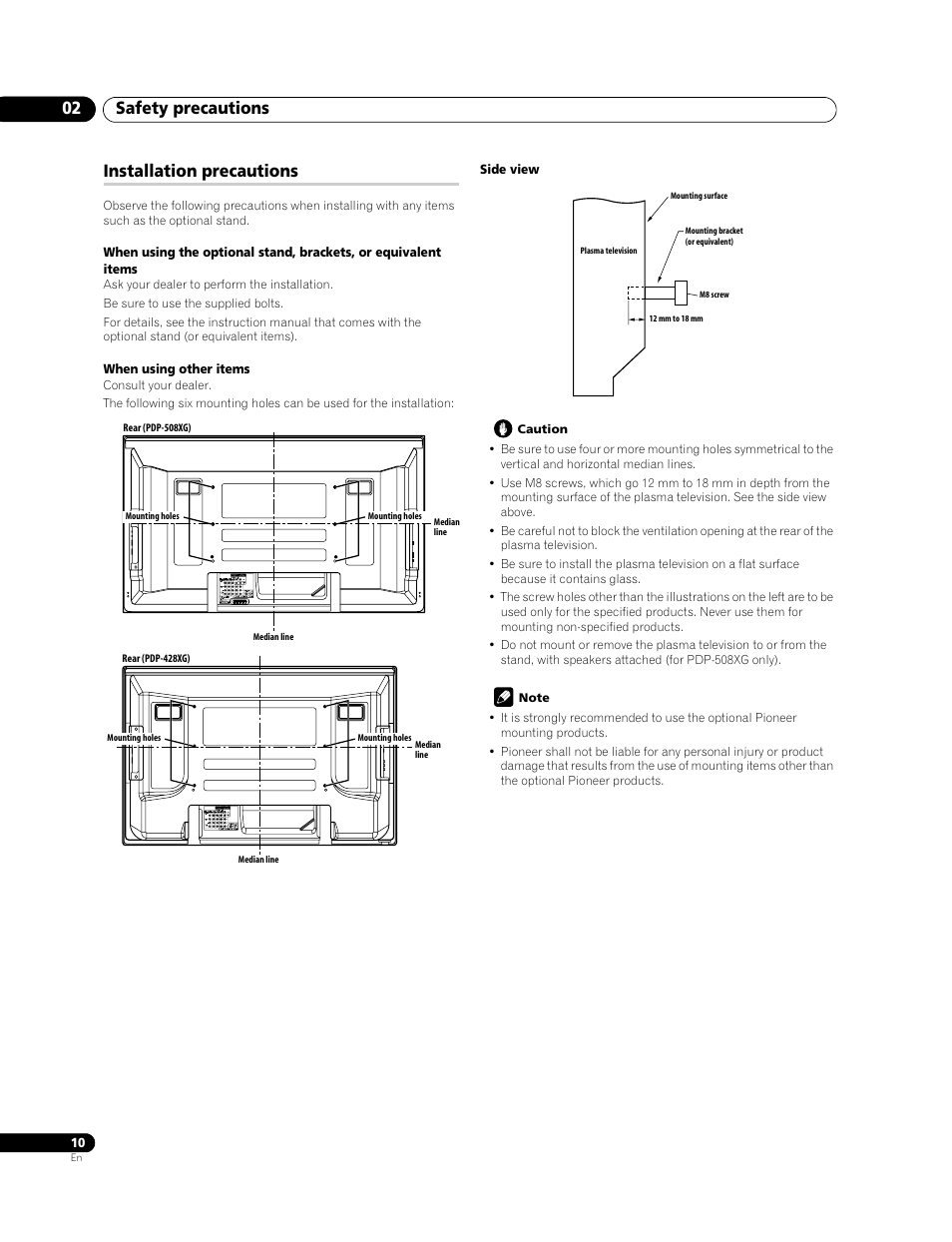 Installation precautions, Safety precautions 02 | Pioneer PDP-428XG User Manual | Page 10 / 266