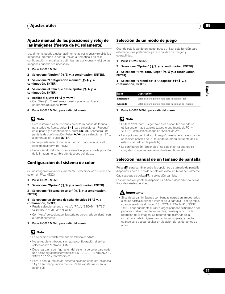 Ajustes útiles 09, Configuración del sistema de color, Selección de un modo de juego | Selección manual de un tamaño de pantalla | Pioneer PDP-428XG User Manual | Page 103 / 266