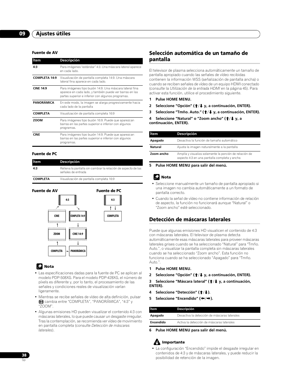 Ajustes útiles 09, Selección automática de un tamaño de pantalla, Detección de máscaras laterales | Pioneer PDP-428XG User Manual | Page 104 / 266