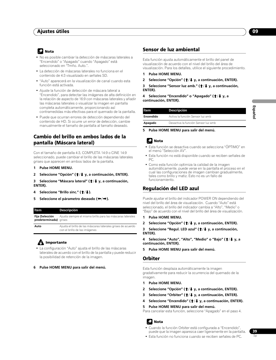 Ajustes útiles 09, Sensor de luz ambiental, Regulación del led azul | Orbiter | Pioneer PDP-428XG User Manual | Page 105 / 266