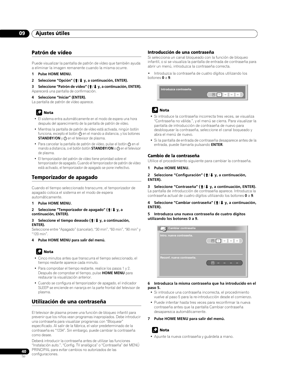 Ajustes útiles 09, Patrón de vídeo, Temporizador de apagado | Utilización de una contraseña | Pioneer PDP-428XG User Manual | Page 106 / 266