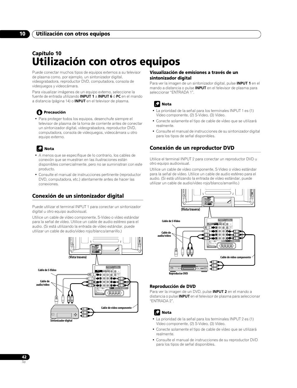 10 utilización con otros equipos, Utilización con otros equipos, Utilización con otros equipos 10 | Capítulo 10, Conexión de un sintonizador digital, Conexión de un reproductor dvd | Pioneer PDP-428XG User Manual | Page 108 / 266