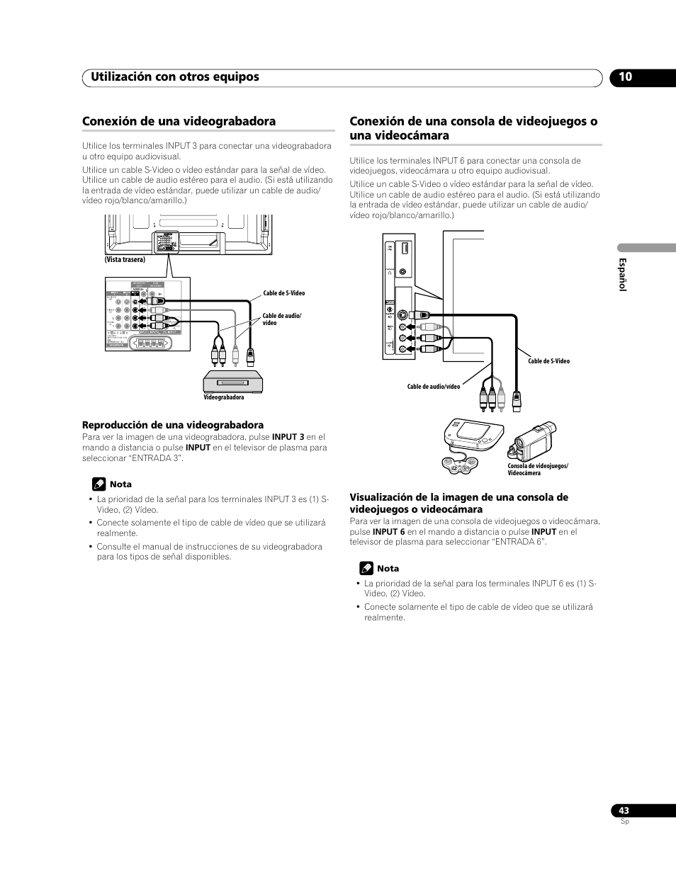 Utilización con otros equipos 10, Conexión de una videograbadora | Pioneer PDP-428XG User Manual | Page 109 / 266