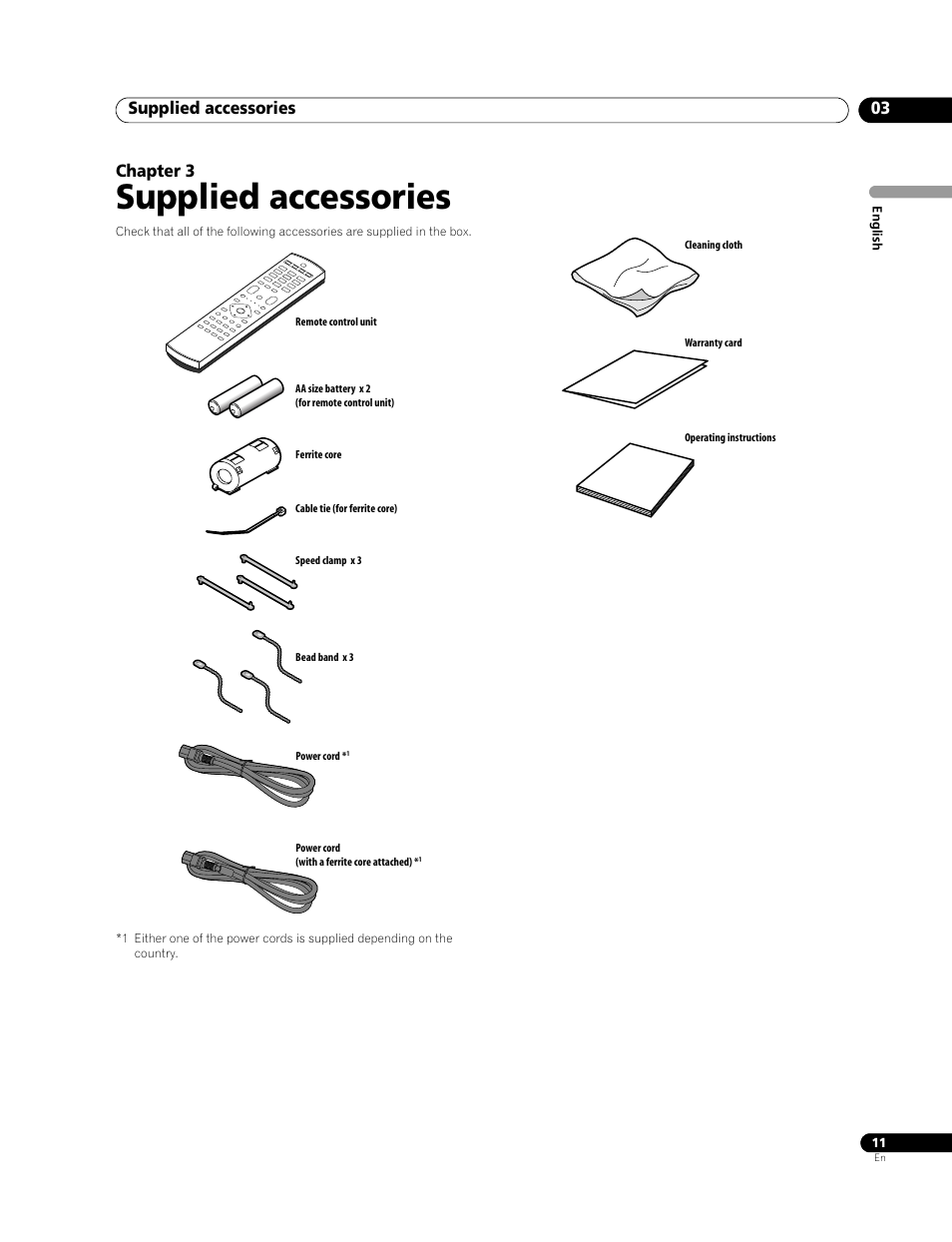03 supplied accessories, Supplied accessories, Supplied accessories 03 | Chapter 3 | Pioneer PDP-428XG User Manual | Page 11 / 266