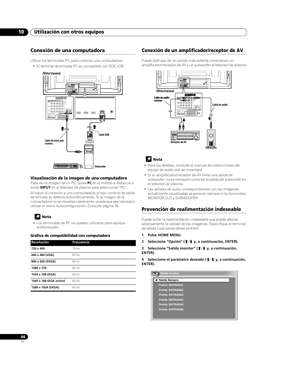 Utilización con otros equipos 10, Conexión de una computadora, Conexión de un amplificador/receptor de av | Prevención de realimentación indeseable | Pioneer PDP-428XG User Manual | Page 110 / 266