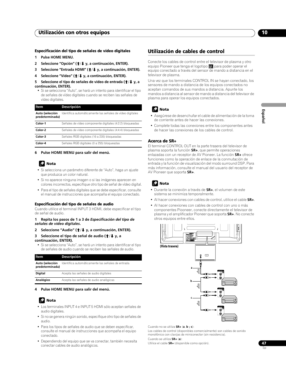 Utilización de cables de control, Utilización con otros equipos 10 | Pioneer PDP-428XG User Manual | Page 113 / 266