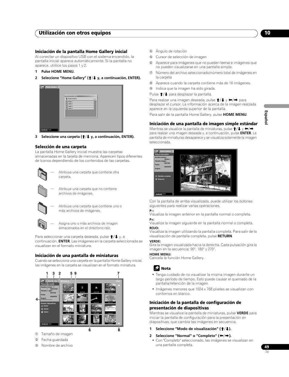Utilización con otros equipos 10, Iniciación de la pantalla home gallery inicial, Selección de una carpeta | Iniciación de una pantalla de miniaturas | Pioneer PDP-428XG User Manual | Page 115 / 266