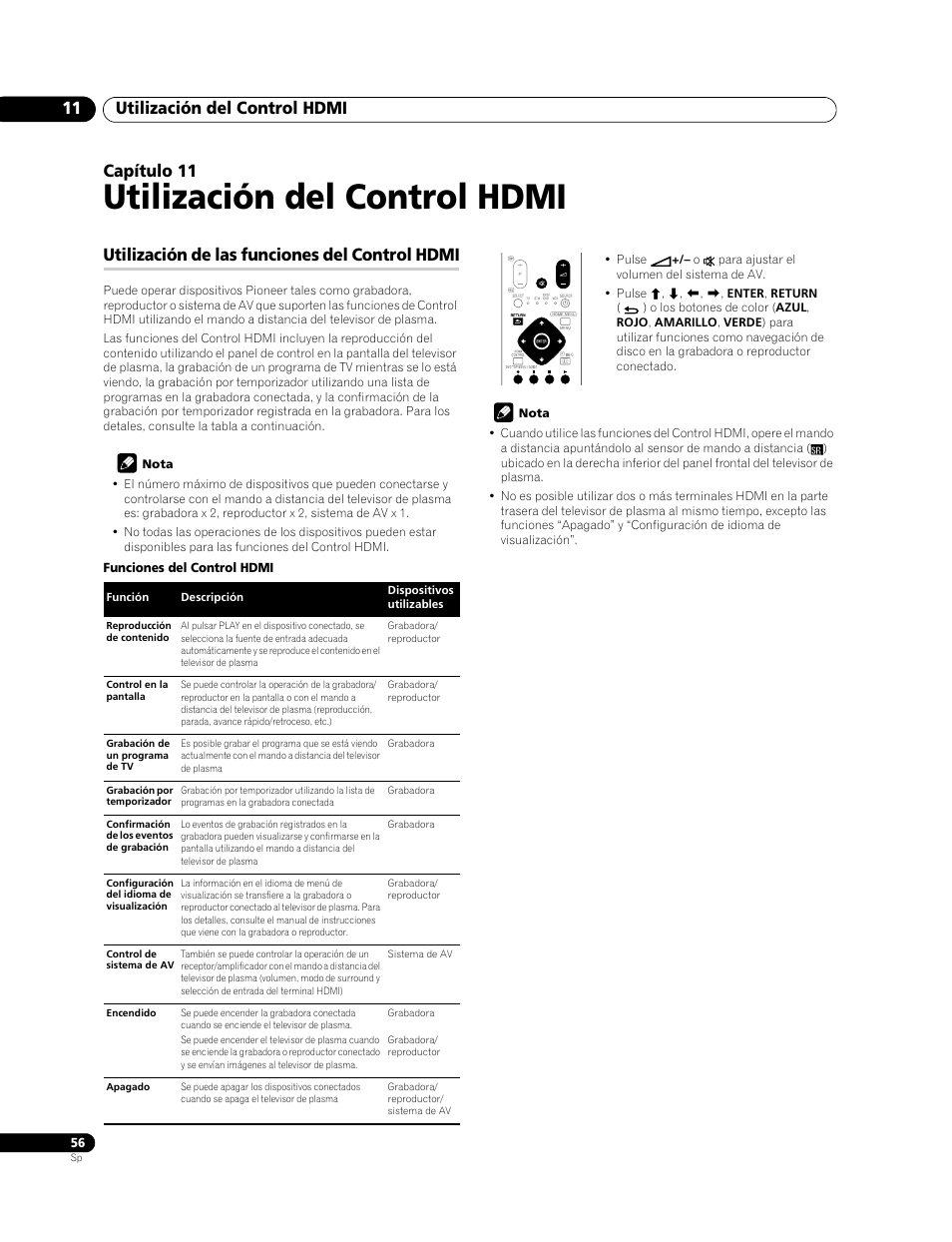 11 utilización del control hdmi, Utilización de las funciones del control hdmi, Utilización del control hdmi | Utilización del control hdmi 11, Capítulo 11 | Pioneer PDP-428XG User Manual | Page 122 / 266