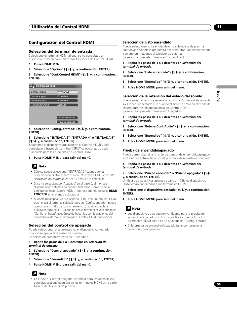 Configuración del control hdmi, Utilización del control hdmi 11 | Pioneer PDP-428XG User Manual | Page 125 / 266