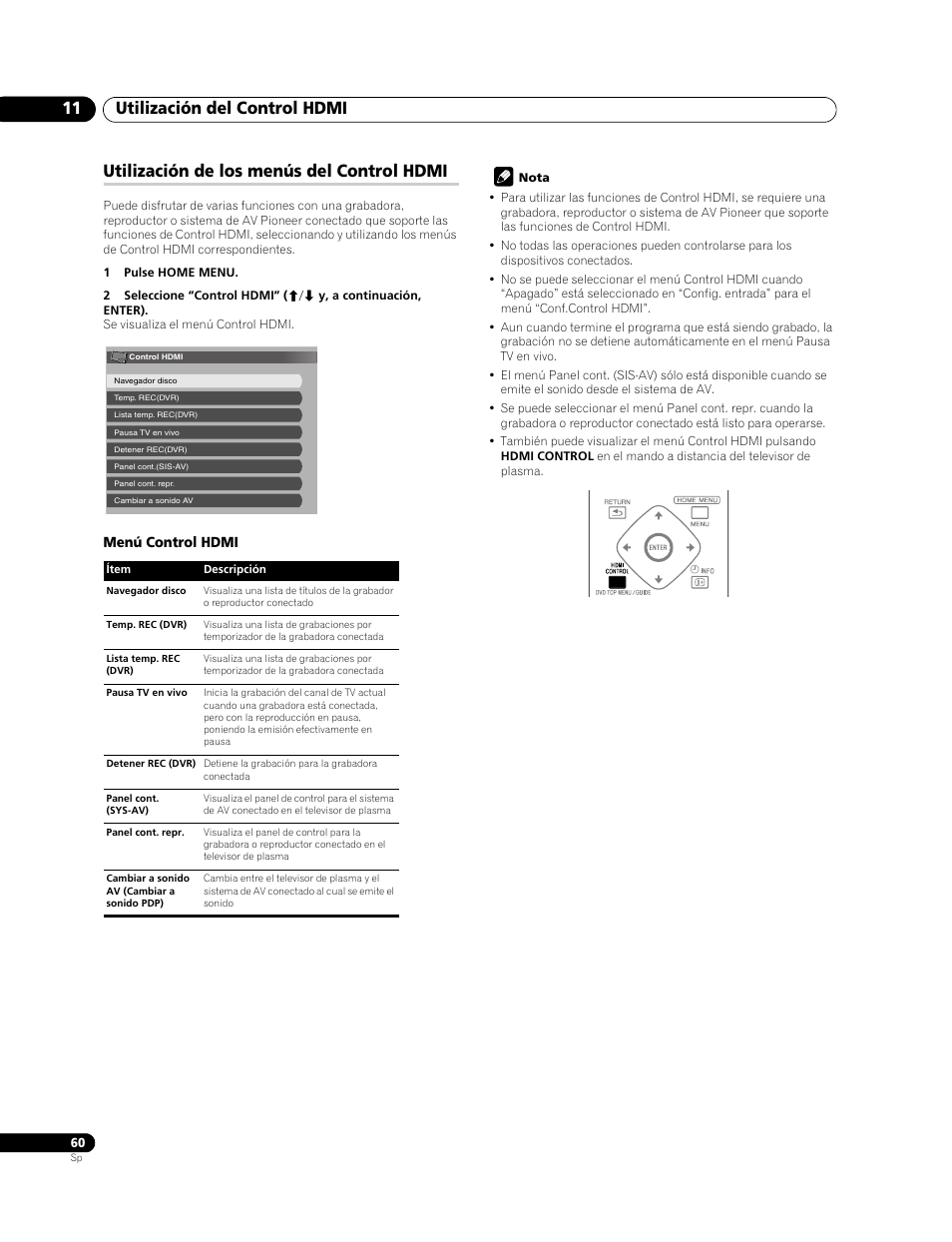 Utilización de los menús del control hdmi, Utilización del control hdmi 11 | Pioneer PDP-428XG User Manual | Page 126 / 266