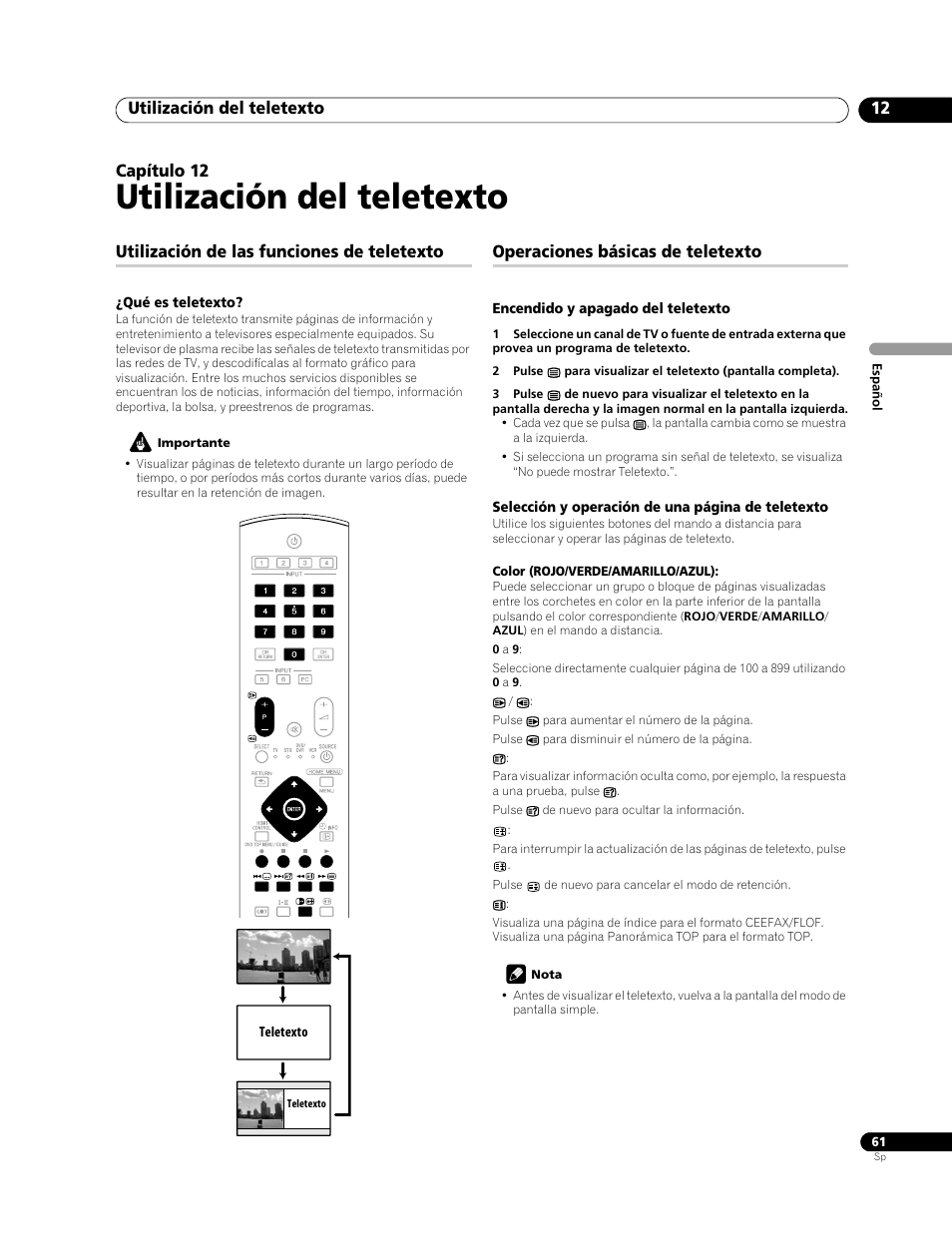 12 utilización del teletexto, Utilización del teletexto, Utilización del teletexto 12 | Capítulo 12, Utilización de las funciones de teletexto, Operaciones básicas de teletexto | Pioneer PDP-428XG User Manual | Page 127 / 266