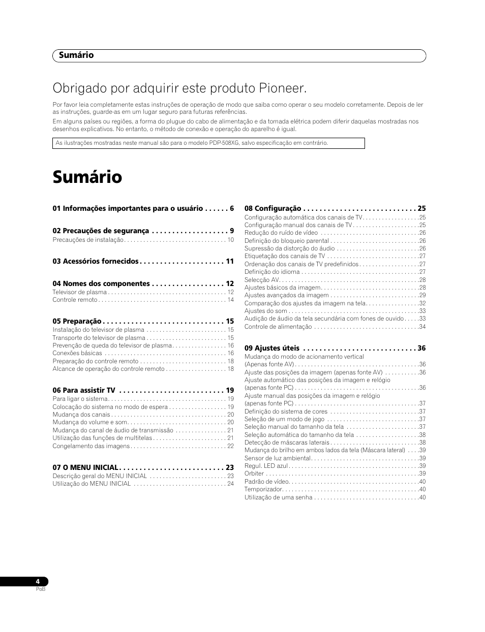 Manual de instruções, Televisor de plasma, Sumário | Obrigado por adquirir este produto pioneer | Pioneer PDP-428XG User Manual | Page 136 / 266