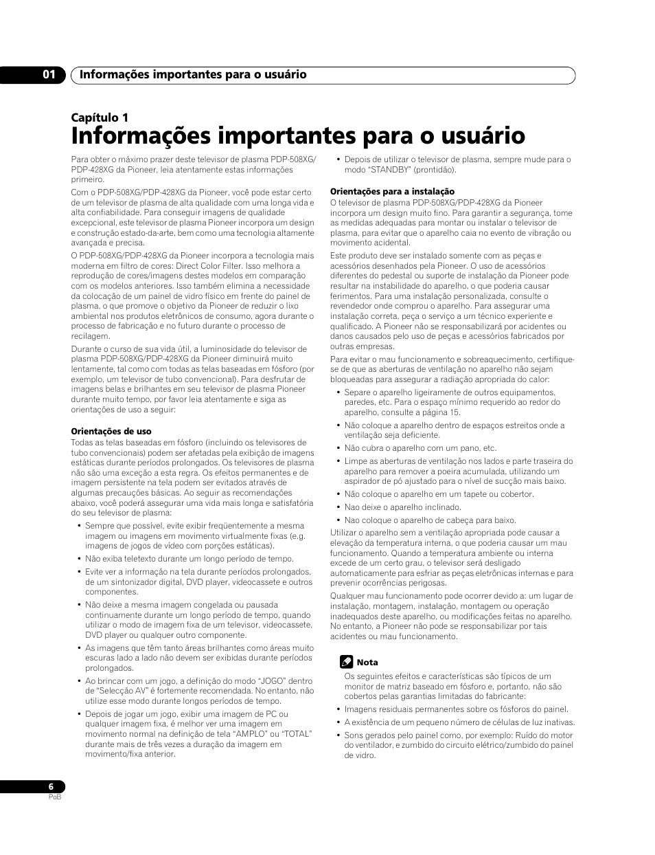 01 informações importantes para o usuário, Informações importantes para o usuário, Informações importantes para o usuário 01 | Capítulo 1 | Pioneer PDP-428XG User Manual | Page 138 / 266