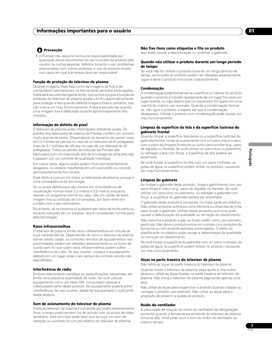 Informações importantes para o usuário 01 | Pioneer PDP-428XG User Manual | Page 139 / 266
