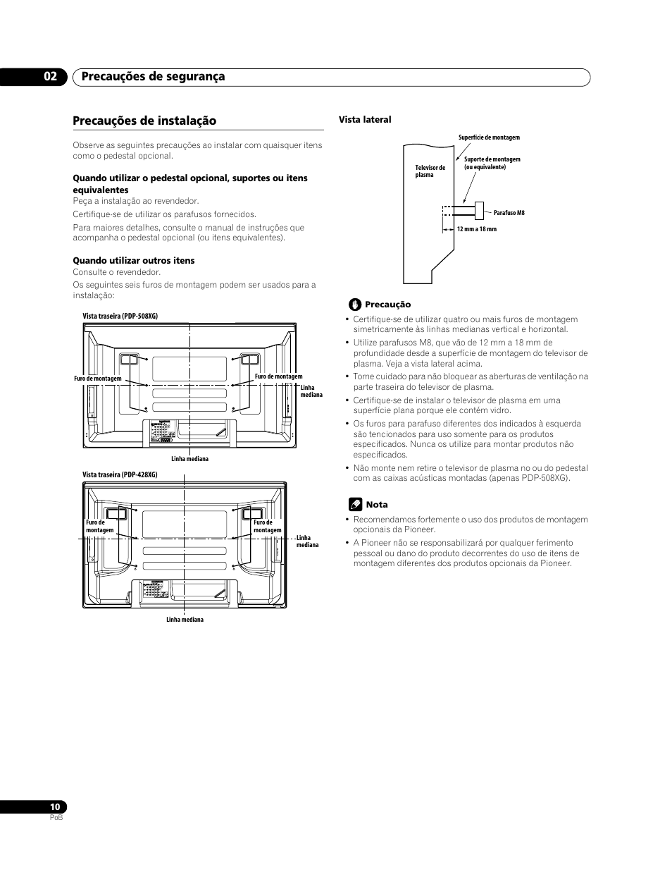 Precauções de instalação, Precauções de segurança 02 | Pioneer PDP-428XG User Manual | Page 142 / 266