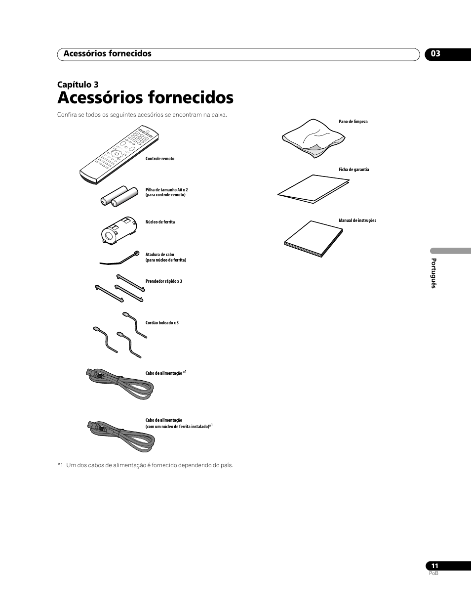 03 acessórios fornecidos, Acessórios fornecidos, Acessórios fornecidos 03 | Capítulo 3 | Pioneer PDP-428XG User Manual | Page 143 / 266