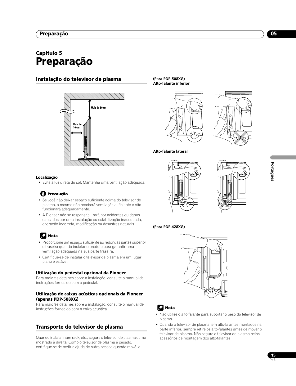 05 preparação, Preparação, Preparação 05 | Capítulo 5, Instalação do televisor de plasma, Transporte do televisor de plasma | Pioneer PDP-428XG User Manual | Page 147 / 266
