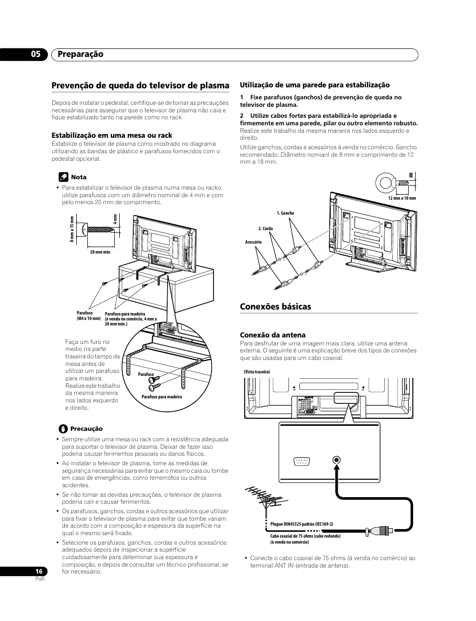 Preparação 05, Prevenção de queda do televisor de plasma, Conexões básicas | Pioneer PDP-428XG User Manual | Page 148 / 266