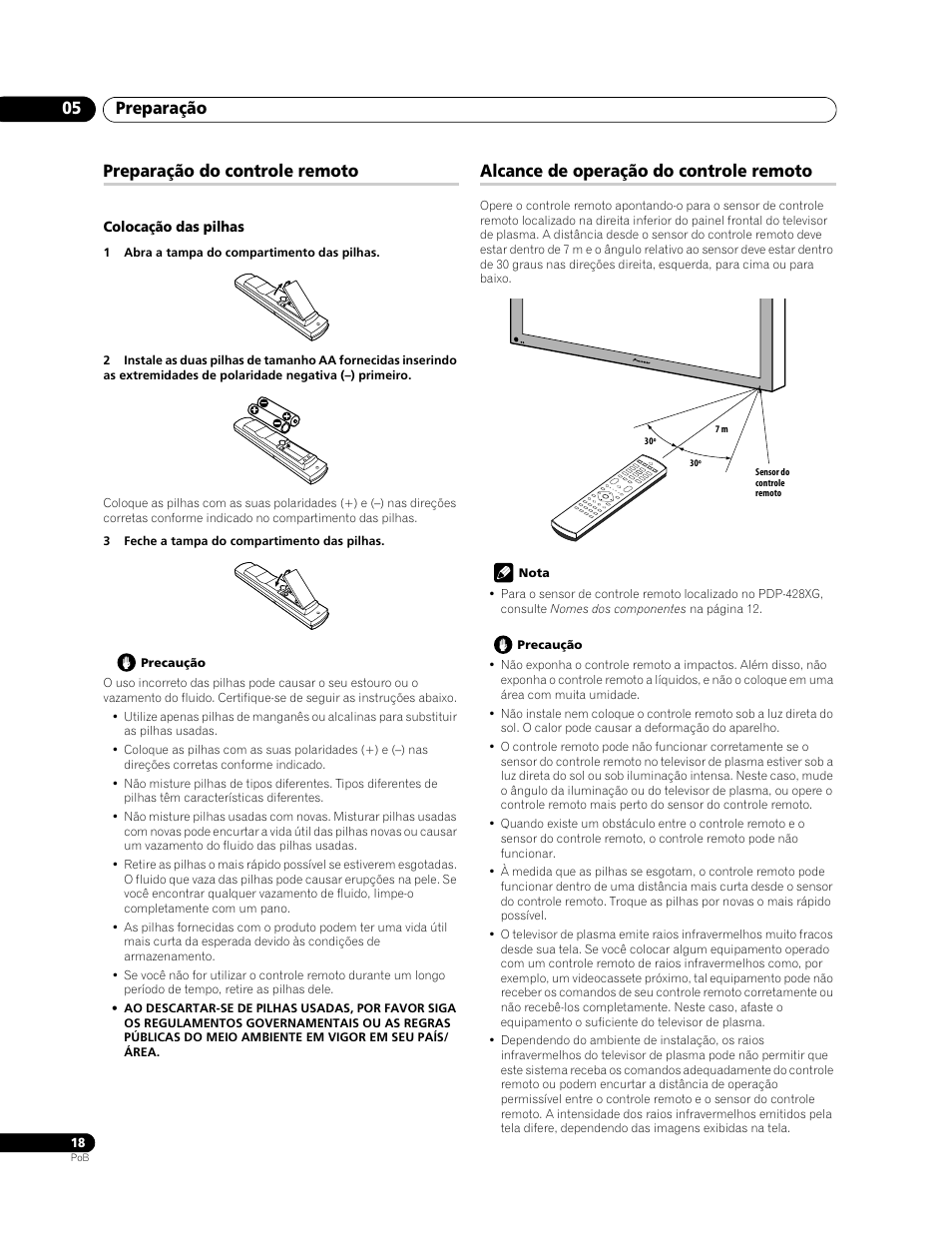Preparação 05, Preparação do controle remoto, Alcance de operação do controle remoto | Pioneer PDP-428XG User Manual | Page 150 / 266