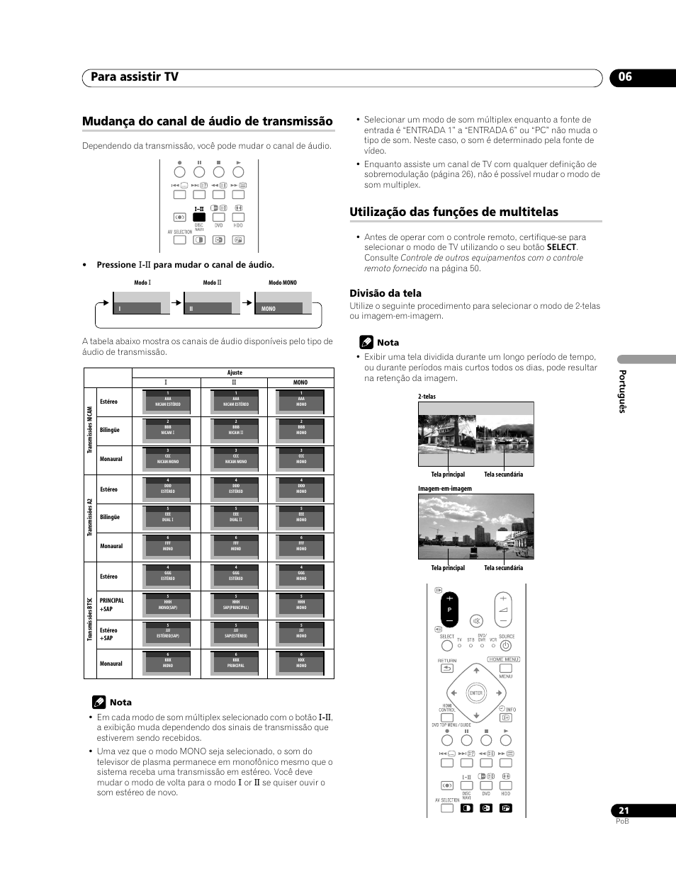 Para assistir tv 06, Mudança do canal de áudio de transmissão, Utilização das funções de multitelas | Divisão da tela, Po rtu guês | Pioneer PDP-428XG User Manual | Page 153 / 266