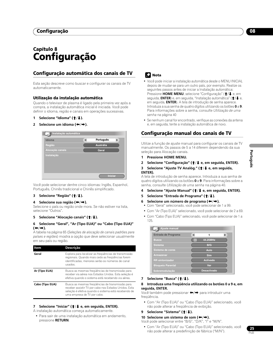 08 configuração, Configuração, Configuração 08 | Capítulo 8, Configuração automática dos canais de tv, Configuração manual dos canais de tv | Pioneer PDP-428XG User Manual | Page 157 / 266