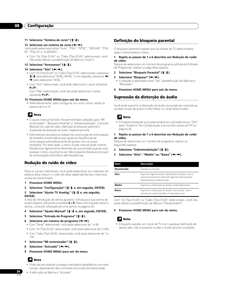 Configuração 08, Redução do ruído de vídeo, Definição do bloqueio parental | Supressão da distorção do áudio | Pioneer PDP-428XG User Manual | Page 158 / 266