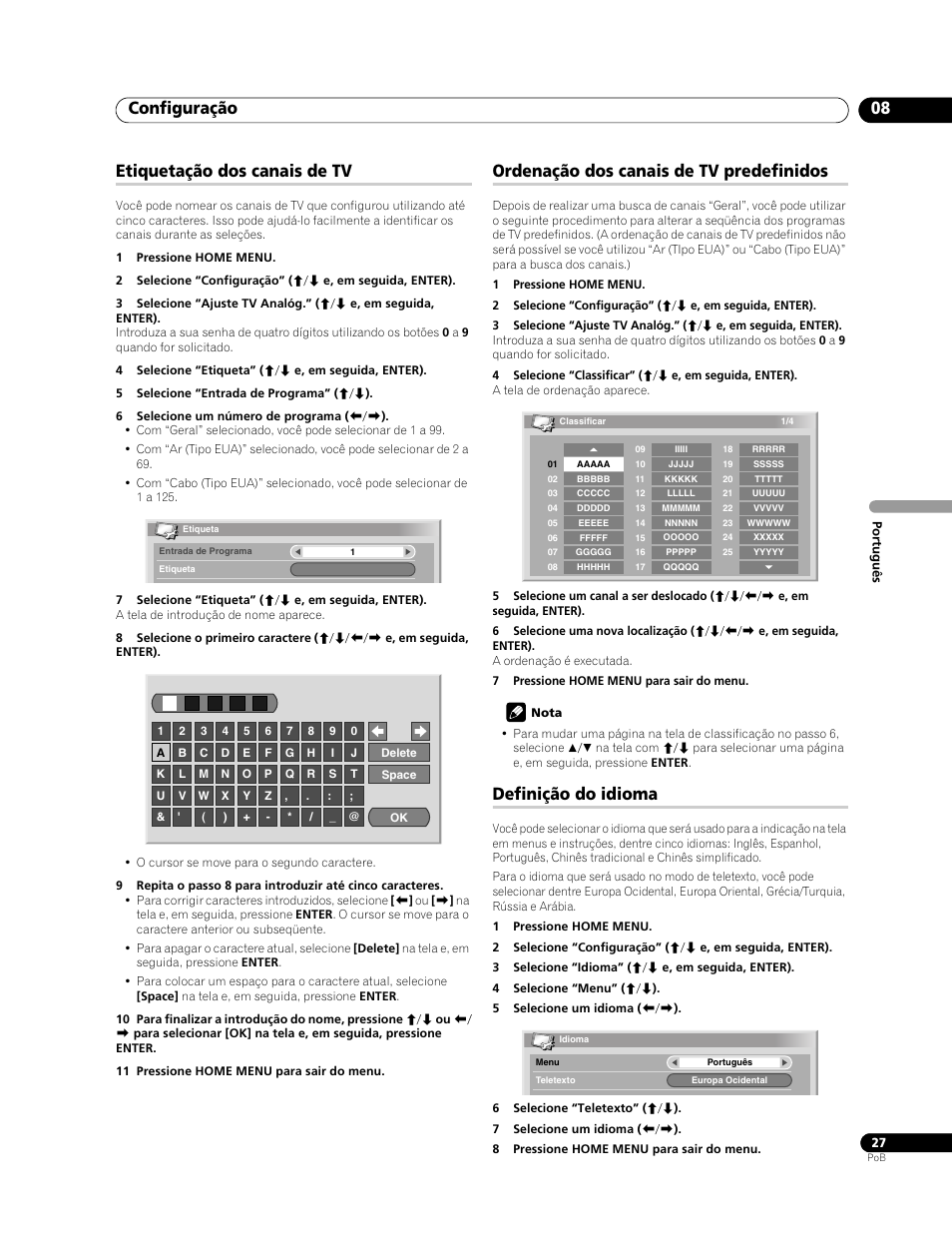 Configuração 08, Etiquetação dos canais de tv, Ordenação dos canais de tv predefinidos | Definição do idioma | Pioneer PDP-428XG User Manual | Page 159 / 266