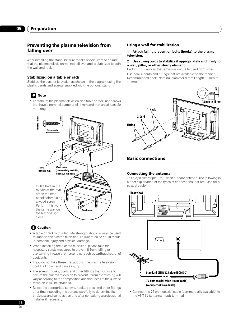 Preparation 05, Preventing the plasma television from falling over, Basic connections | Pioneer PDP-428XG User Manual | Page 16 / 266