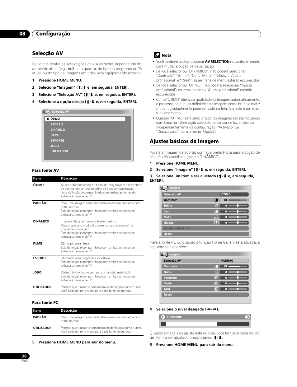 Selecção av ajustes básicos da imagem, Configuração 08, Selecção av | Ajustes básicos da imagem | Pioneer PDP-428XG User Manual | Page 160 / 266