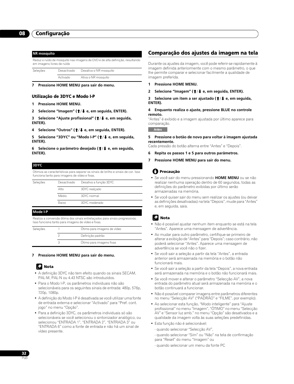 Comparação dos ajustes da imagem na tela, Configuração 08 | Pioneer PDP-428XG User Manual | Page 164 / 266