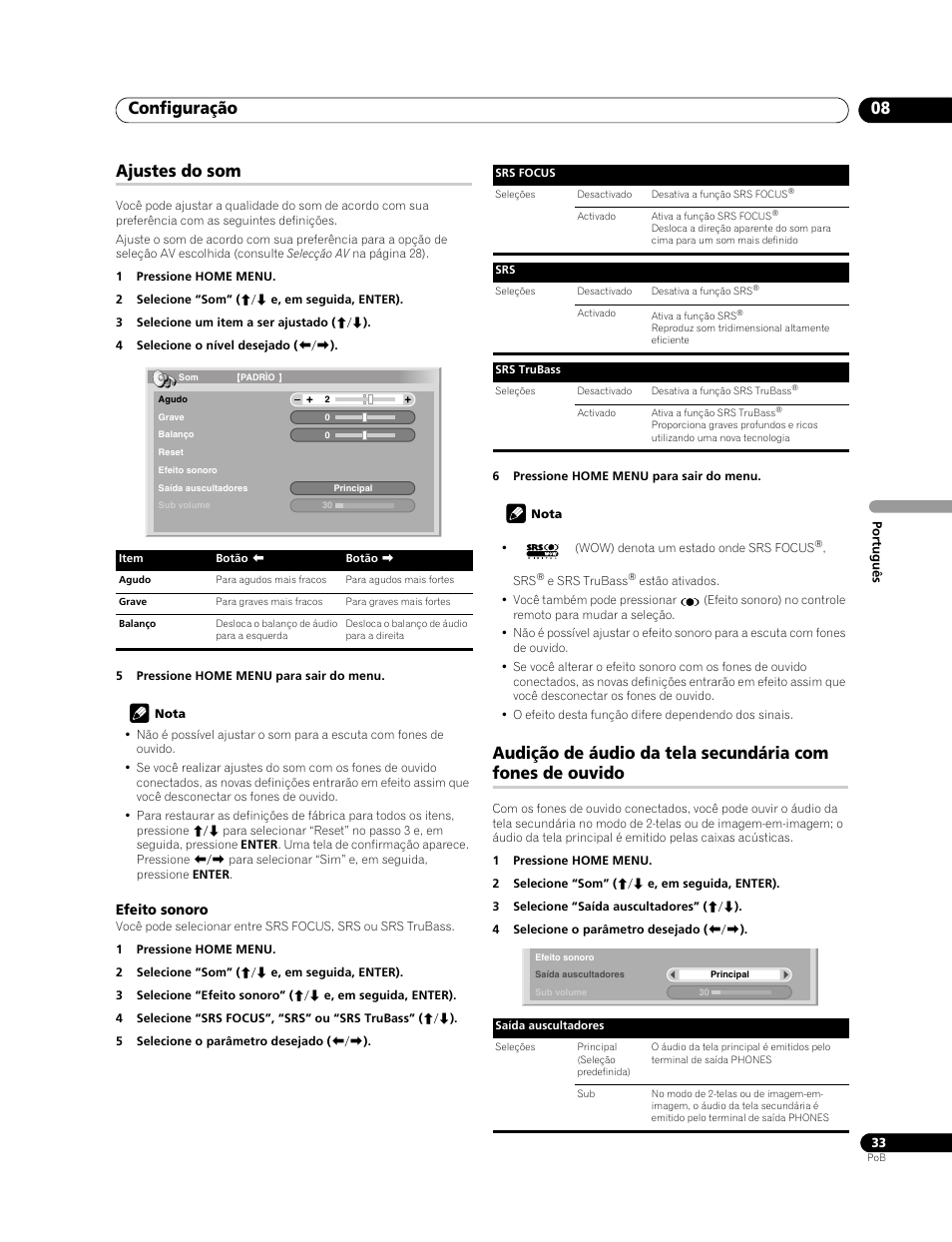 Configuração 08, Ajustes do som | Pioneer PDP-428XG User Manual | Page 165 / 266
