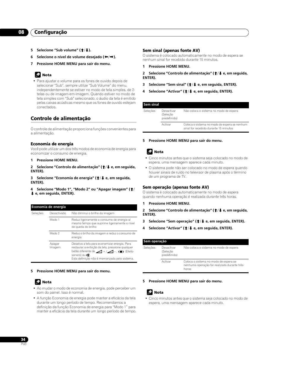 Controle de alimentação, Configuração 08 | Pioneer PDP-428XG User Manual | Page 166 / 266