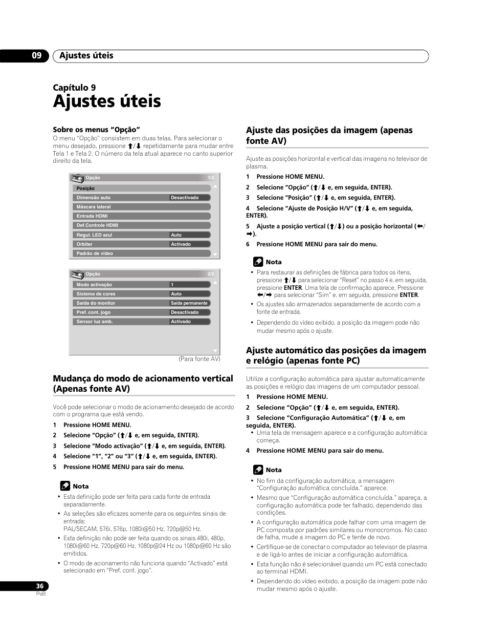 09 ajustes úteis, Ajustes úteis, Ajustes úteis 09 | Capítulo 9, Ajuste das posições da imagem (apenas fonte av) | Pioneer PDP-428XG User Manual | Page 168 / 266