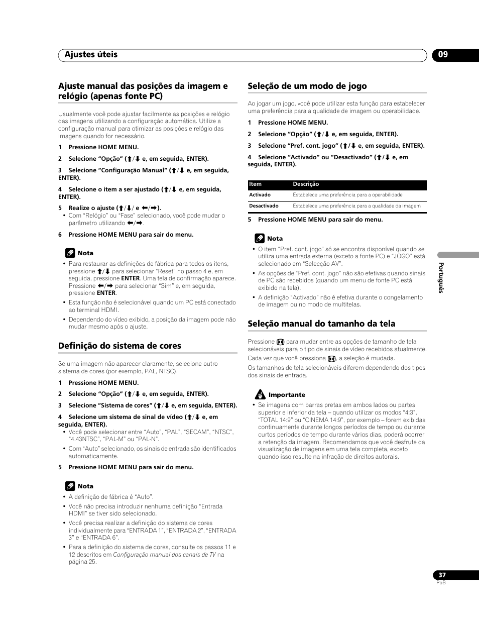 Ajustes úteis 09, Definição do sistema de cores, Seleção de um modo de jogo | Seleção manual do tamanho da tela | Pioneer PDP-428XG User Manual | Page 169 / 266