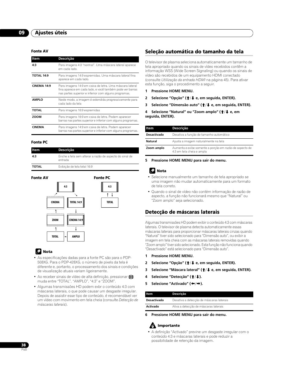 Ajustes úteis 09, Seleção automática do tamanho da tela, Detecção de máscaras laterais | Pioneer PDP-428XG User Manual | Page 170 / 266