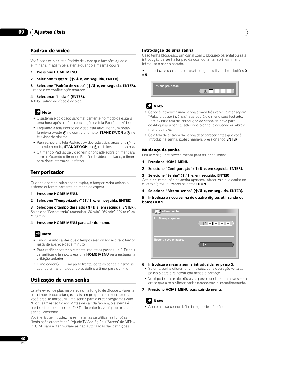 Ajustes úteis 09, Padrão de vídeo, Temporizador | Utilização de uma senha | Pioneer PDP-428XG User Manual | Page 172 / 266