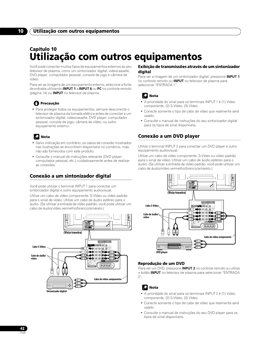 10 utilização com outros equipamentos, Utilização com outros equipamentos, Utilização com outros equipamentos 10 | Capítulo 10, Conexão a um sintonizador digital, Conexão a um dvd player | Pioneer PDP-428XG User Manual | Page 174 / 266